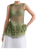 Milumia Women's Hollow Out Fringe Knitted Tank Top Sexy Sheer Sleeveless Long Sweater Vests Army Green Small