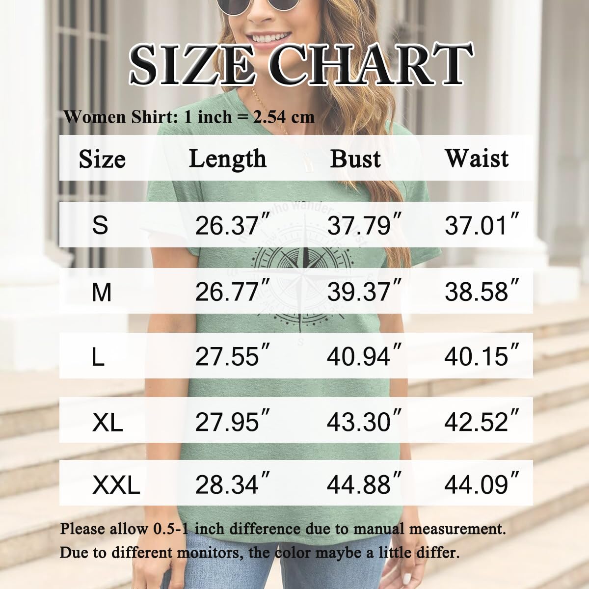 Graphic T-Shirts for Women Hiking Camping Trip Compass Printed Vintage Summer Casual Tees Holiday Workout Tops (Light Green, XL)