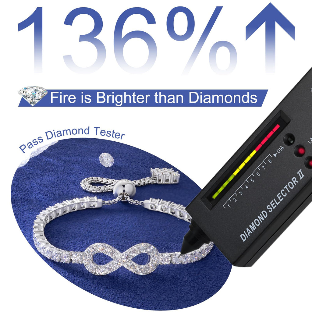 Moissanite Infinity Bracelet, Lab Created Diamond Bracelets for Women, S925 Sterling Silver, 3MM Width, 4-9.5inches, 18K Gold Vermeil Adjustable Tennis Bracelets - Mothers Day Gifts For Mom Wife Her