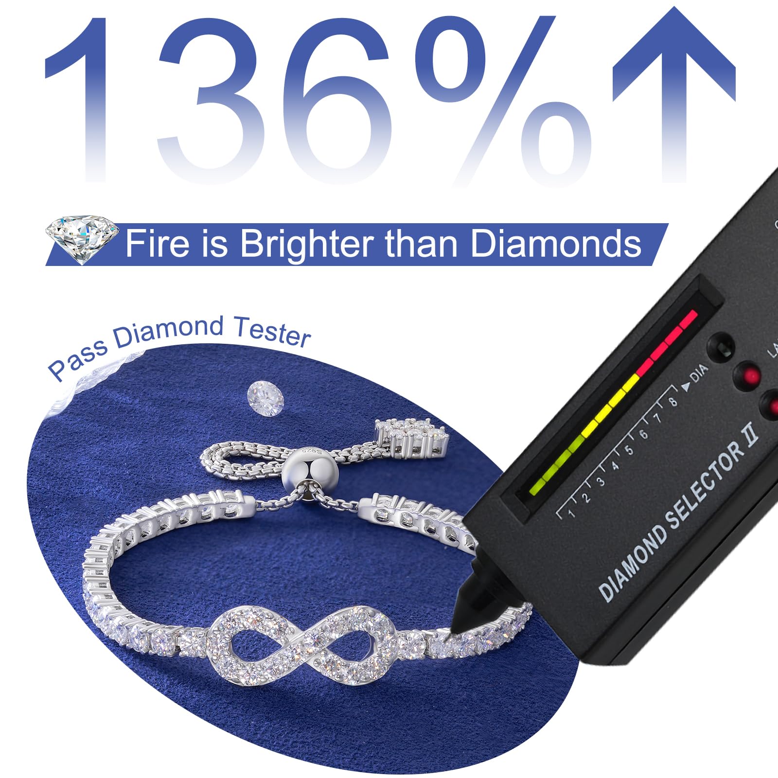 Moissanite Infinity Bracelet, Lab Created Diamond Bracelets for Women, S925 Sterling Silver, 3MM Width, 4-9.5inches, 18K Gold Vermeil Adjustable Tennis Bracelets - Mothers Day Gifts For Mom Wife Her