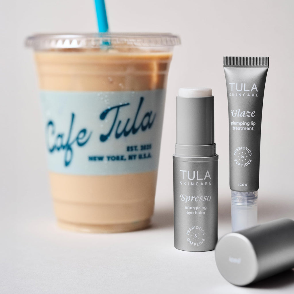 TULA Skin Care Pearlescent Duo - Iced Spresso Energizing Eye Balm 0.35 oz + Iced Glaze Plumping Lip Treatment 0.28 oz, 2-Piece Kit