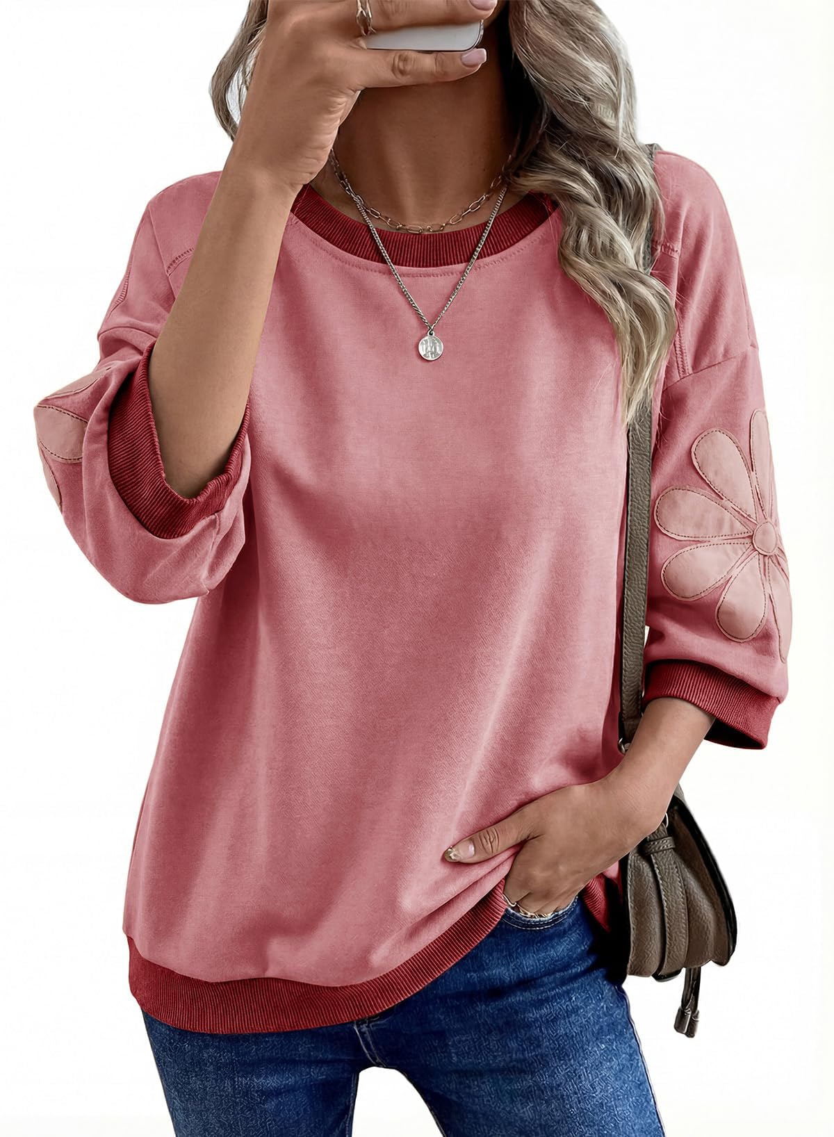 Dokotoo Women's Casual Tops 3/4 Sleeve Contrast Color Block Sweatshirt 2026 Round Neck Loose Fit Cute T Shirt Summer Fashion Floral Patchwork Pink Pullover Tops Large