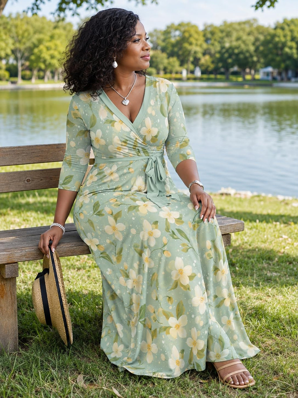 PinkPatty Plus Size Maxi Dress for Women Casual V Neck 3/4 Sleeve Boho Printed Long Dress with Pockets (Floral21 2XL)