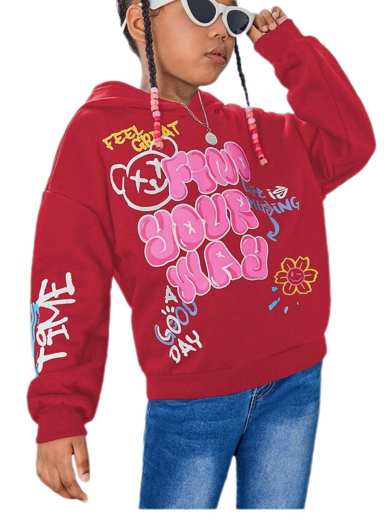 WDIRARA Girl's Cartoon Letter Graphic Hoodie Drop Shoulder Long Sleeve Pullover Sweatshirt Red 13Y