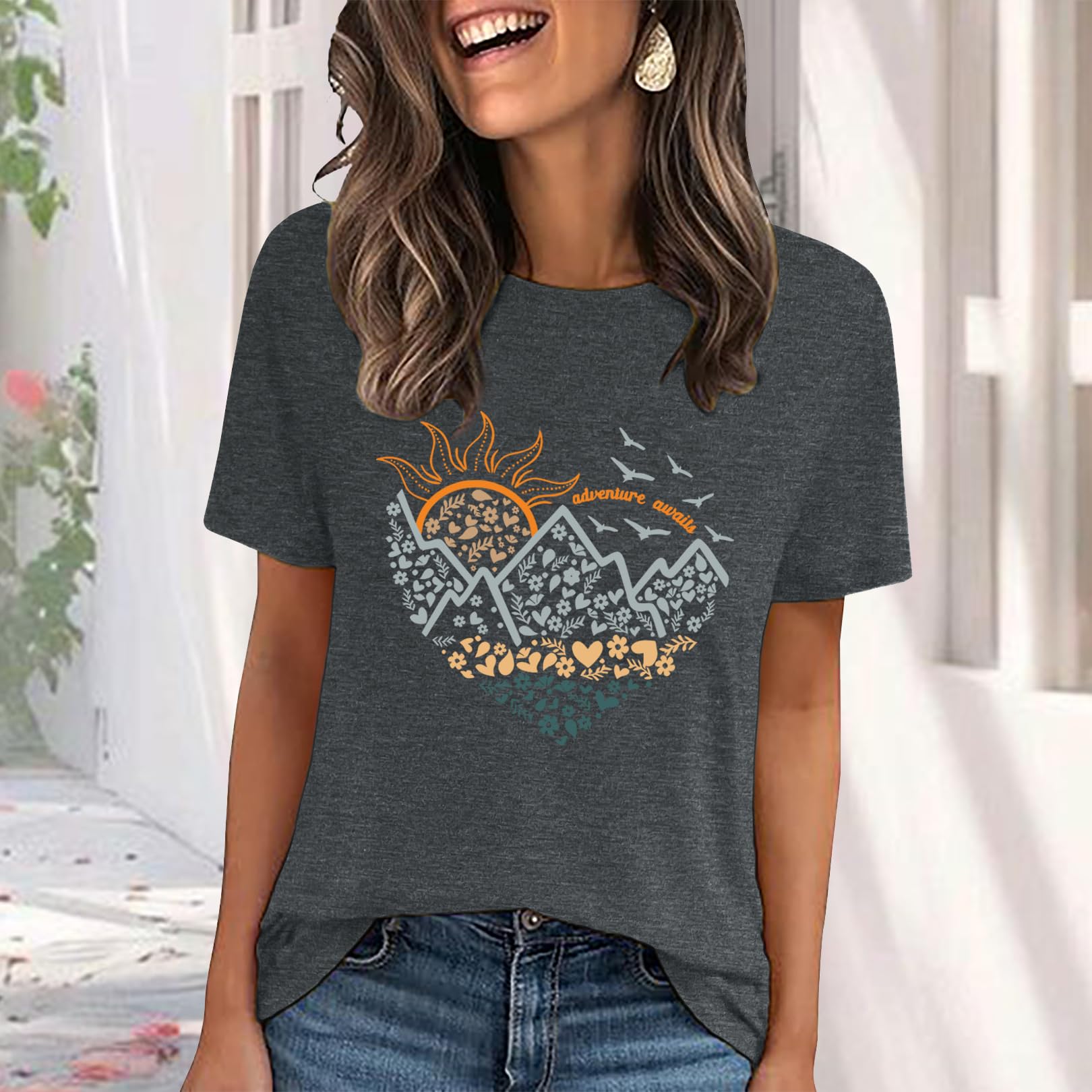 LOOKFACE Women Crewneck Cute Graphic Short Sleeve T Shirts Dark Grey Large