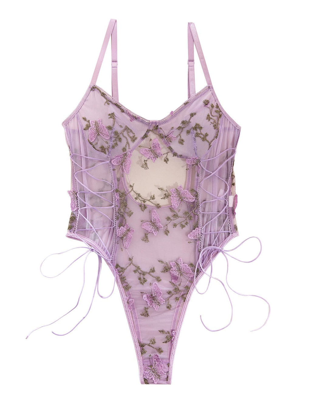 Lilosy Women Sexy Lace Up Floral Embroidered Teddy Babydoll Lingerie Bodysuit Top Mesh Sheer One Piece See Through Butterfly Light Purple Medium