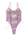 Lilosy Women Sexy Lace Up Floral Embroidered Teddy Babydoll Lingerie Bodysuit Top Mesh Sheer One Piece See Through Butterfly Light Purple Medium