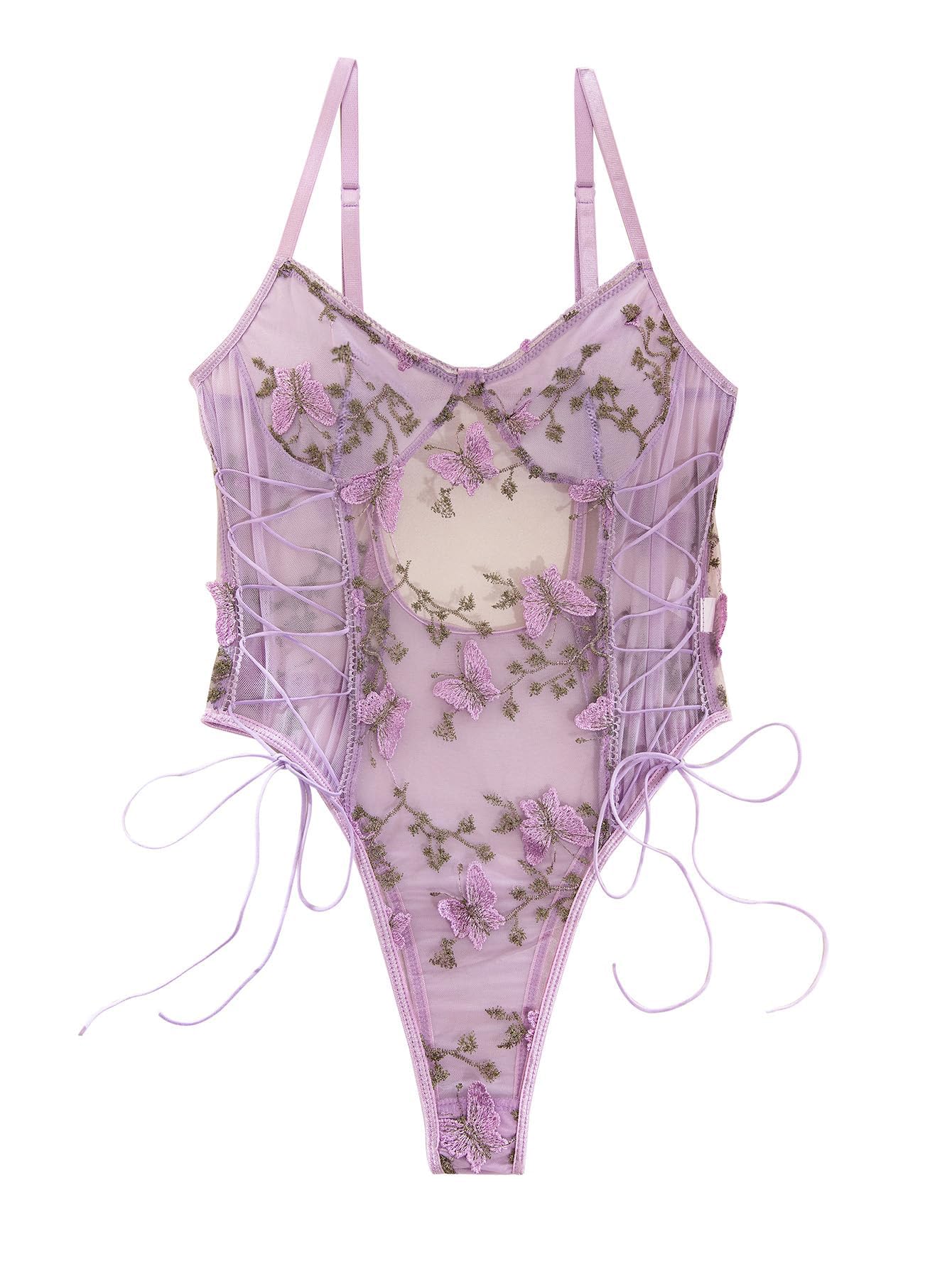Lilosy Women Sexy Lace Up Floral Embroidered Teddy Babydoll Lingerie Bodysuit Top Mesh Sheer One Piece See Through Butterfly Light Purple Medium