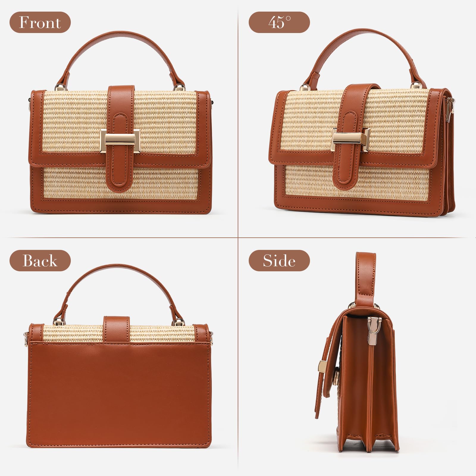 Straw Crossbody Bag for Women, Vegan Leather Patchwork Summer Purse with Top Handle, Small Woven Shoulder Handbag for Beach Vacation, Wedding, or Casual Daily Use