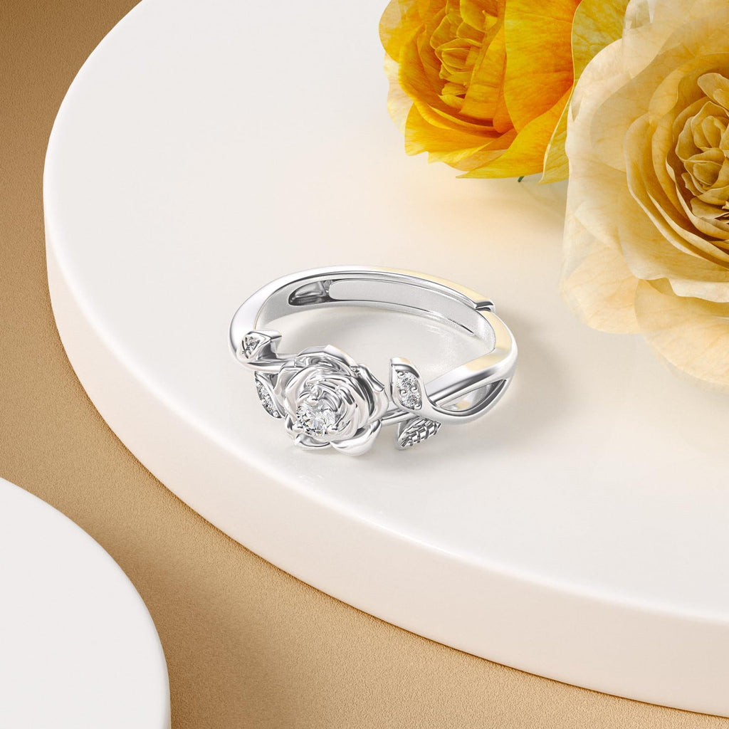 LWXIE Diamond Rose Open Ring for Women 925 Sterling Silver Rose Flower Adjustable Finger Rings Jewelry Birthday Anniversary Christmas Gifts for Mom Wife Lover Girlfriend Her