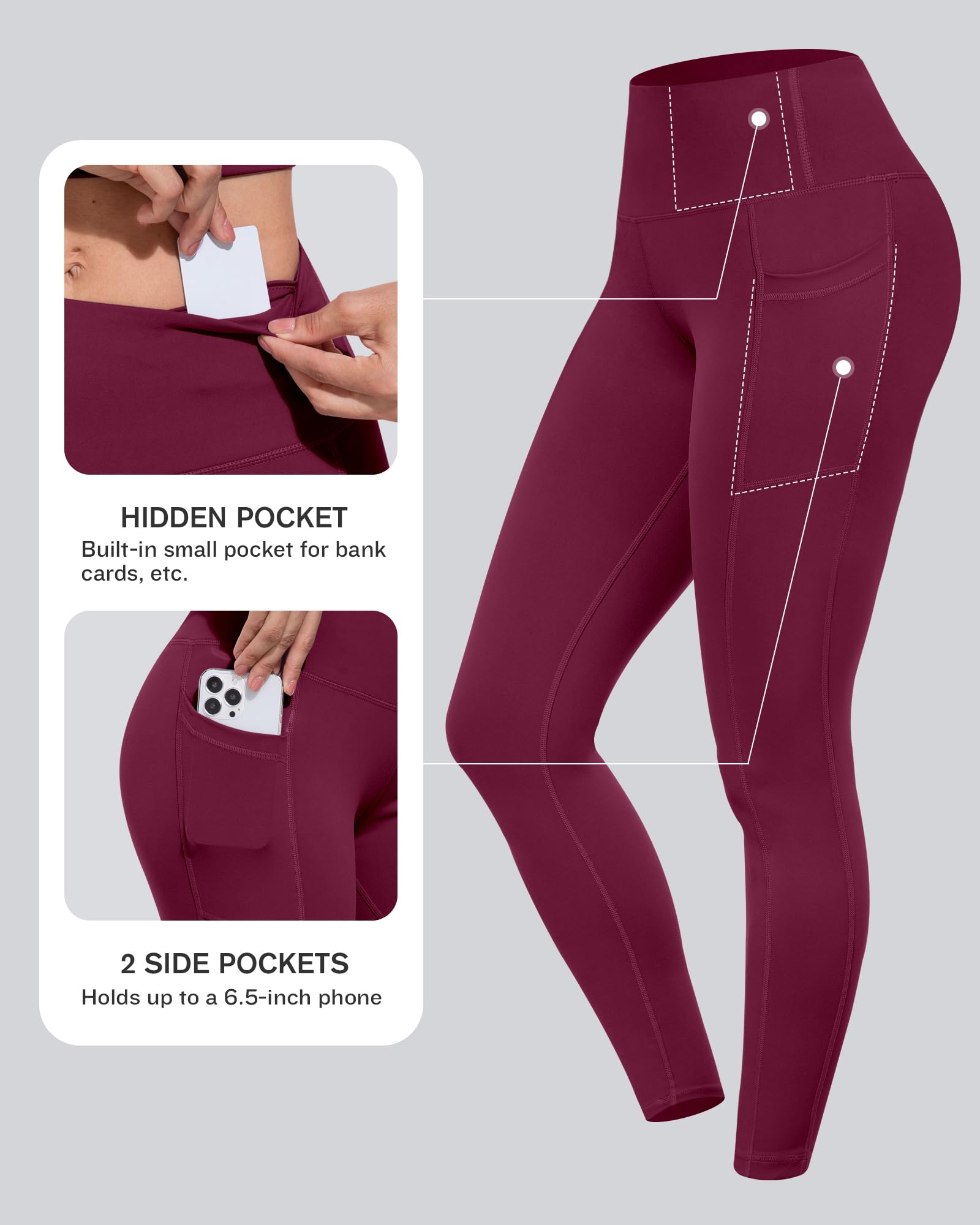 CHRLEISURE Leggings with Pockets for Women, High Waisted Tummy Control Workout Yoga Pants(5 Packs Black,Gray,Navy,Wine,JLGreen, L)