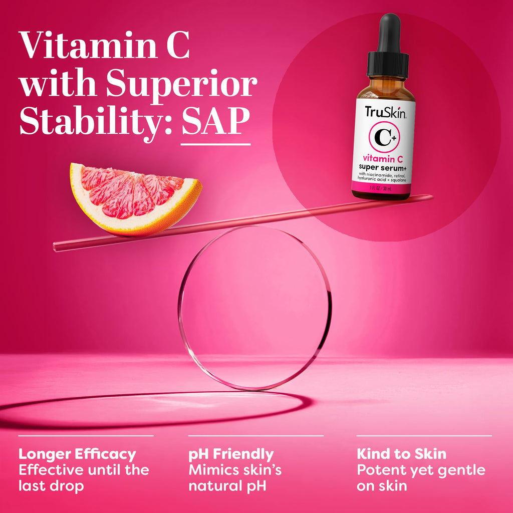 TruSkin Vitamin C Super Serum for Face - Five Skin Benefits in One Serum with Vitamin C, Retinol, Niacinamide, Hyaluronic Acid & Squalane - Brighten, Firm & Smooth the Look of Skin, 1 Fl Oz