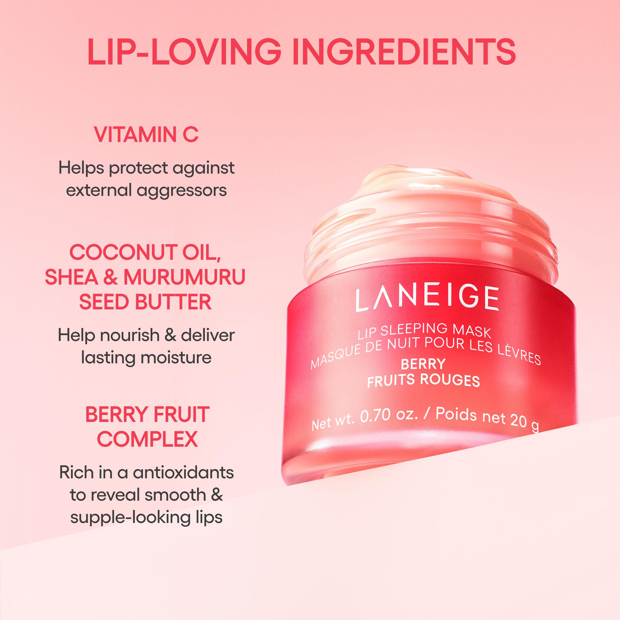 LANEIGE Lip Sleeping Mask: Hydrating & Nourishing Korean Overnight Lip Treatment Mask with Shea Butter, Vitamin C & Murumuru, For Flaky, Dry Lips | Korean Skin Care, Lemon Sorbet & Lip Topper