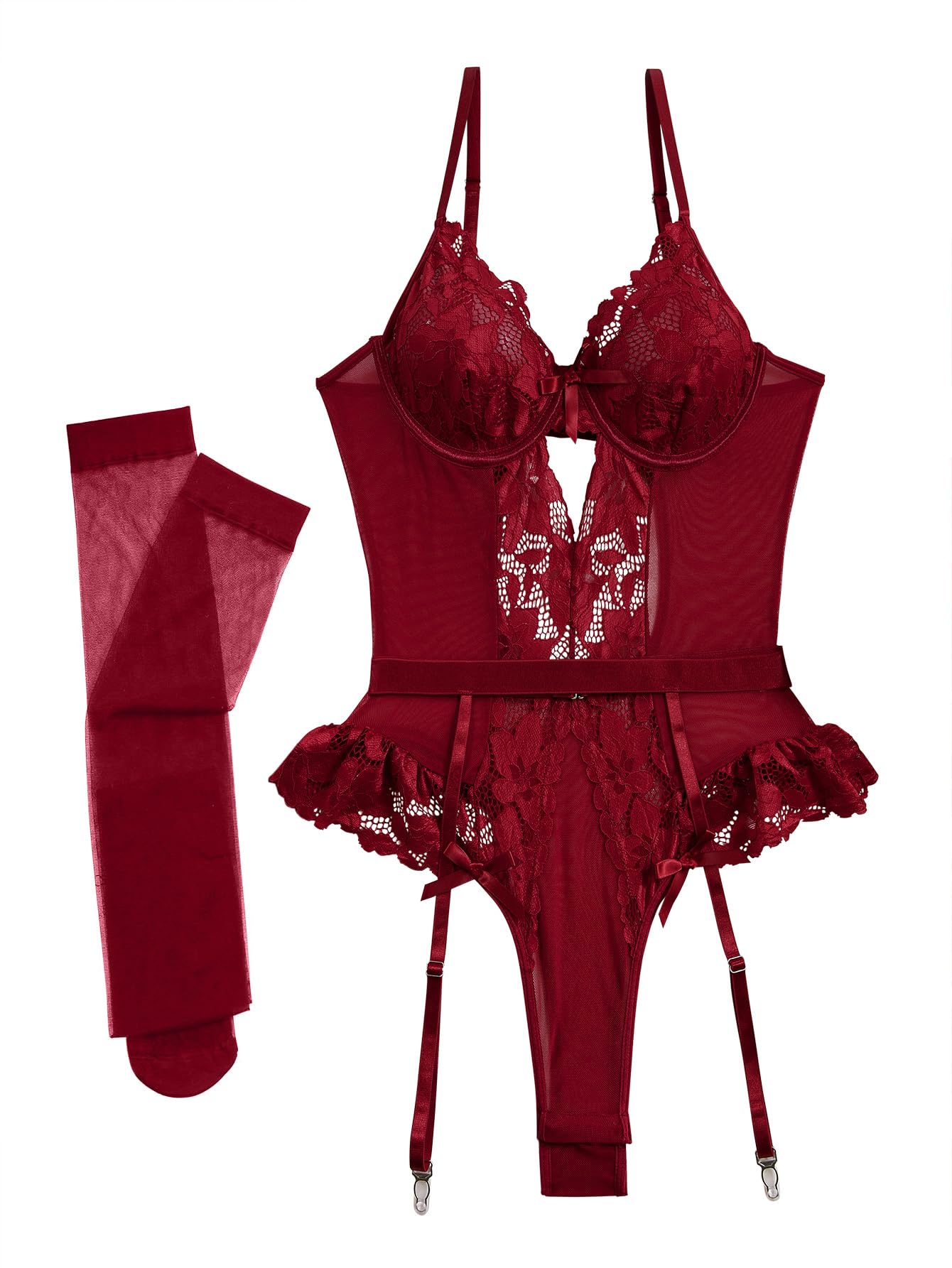 Lilosy Petite Sexy Stocking Lace Mesh Bodysuit Top Underwire Garter Lingerie Set One 3 Piece Bows Push Up Floral Sheer Women Teddy See Through Lenceria Burgundy Red 3X-Small