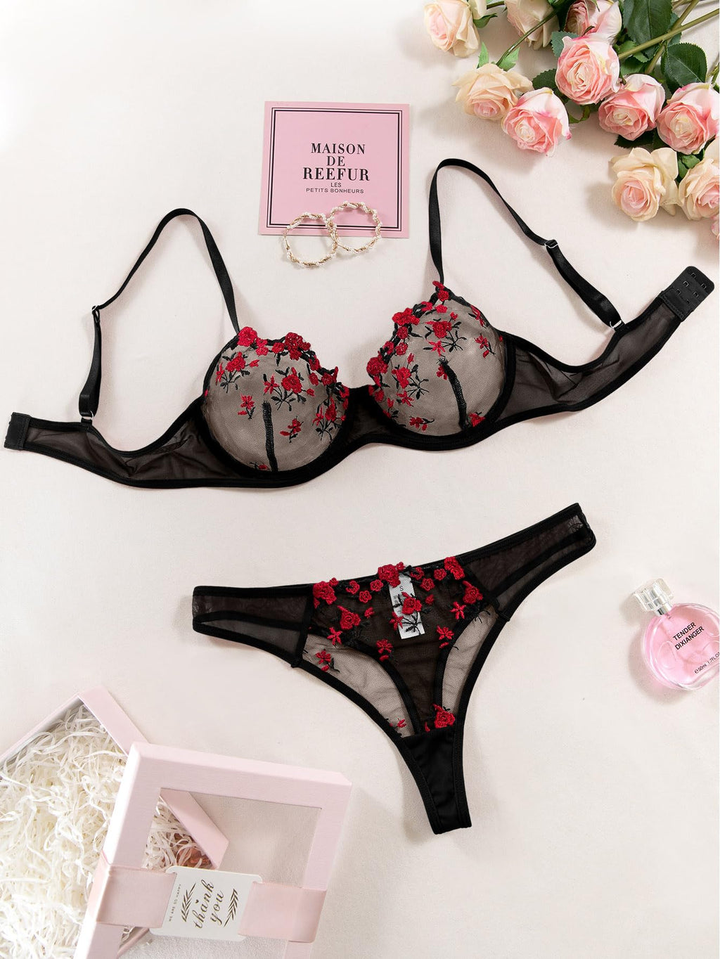 Lilosy Petite Women Sexy Floral Embroidered Mesh Sheer Underwire Push Up Lingerie Set See Through Bra and Panty 2 Piece Flower Flower Black Red XX-Small