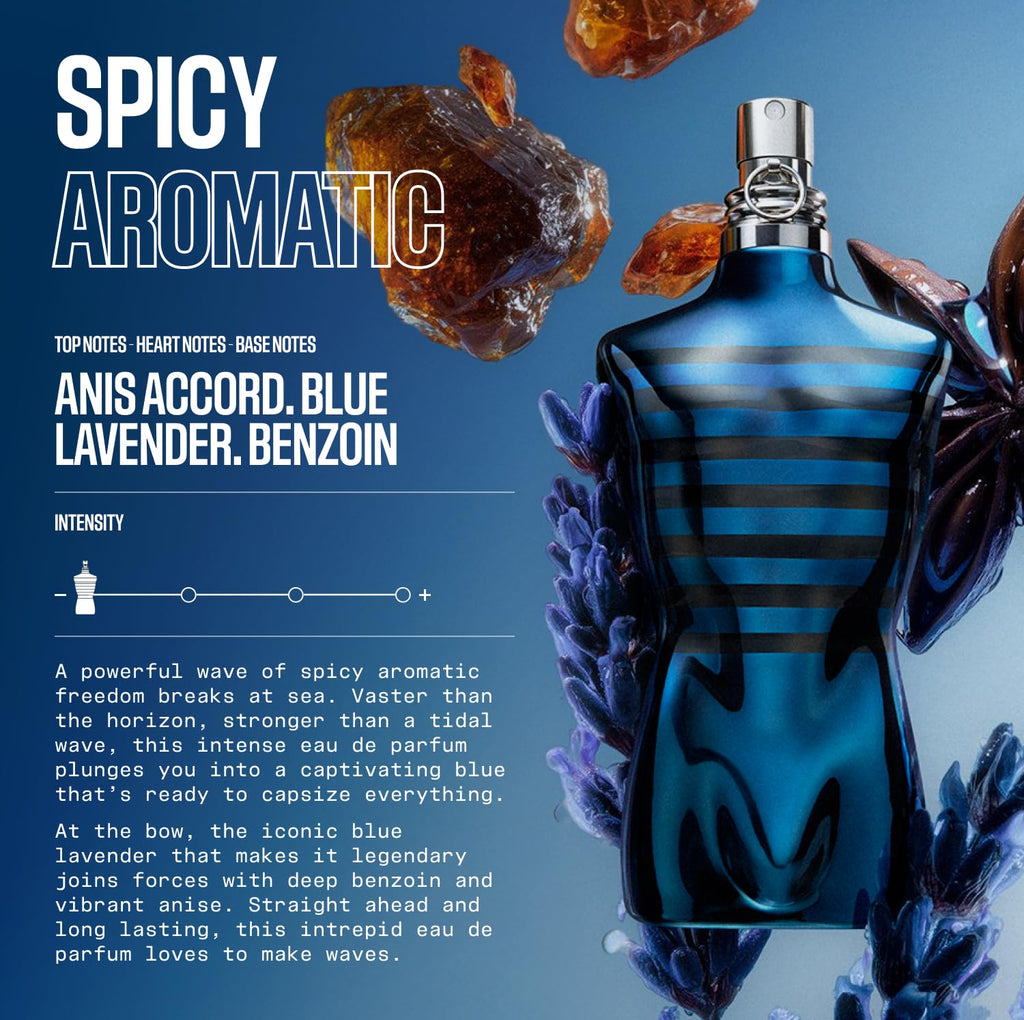 Jean Paul Gaultier Le Male In Blue Eau de Parfum for Men - Long Lasting Spicy Aromatic Men's Cologne with Blue Lavender, Anise & Benzoin - Limited Edition Designer Spray, 4.2 oz