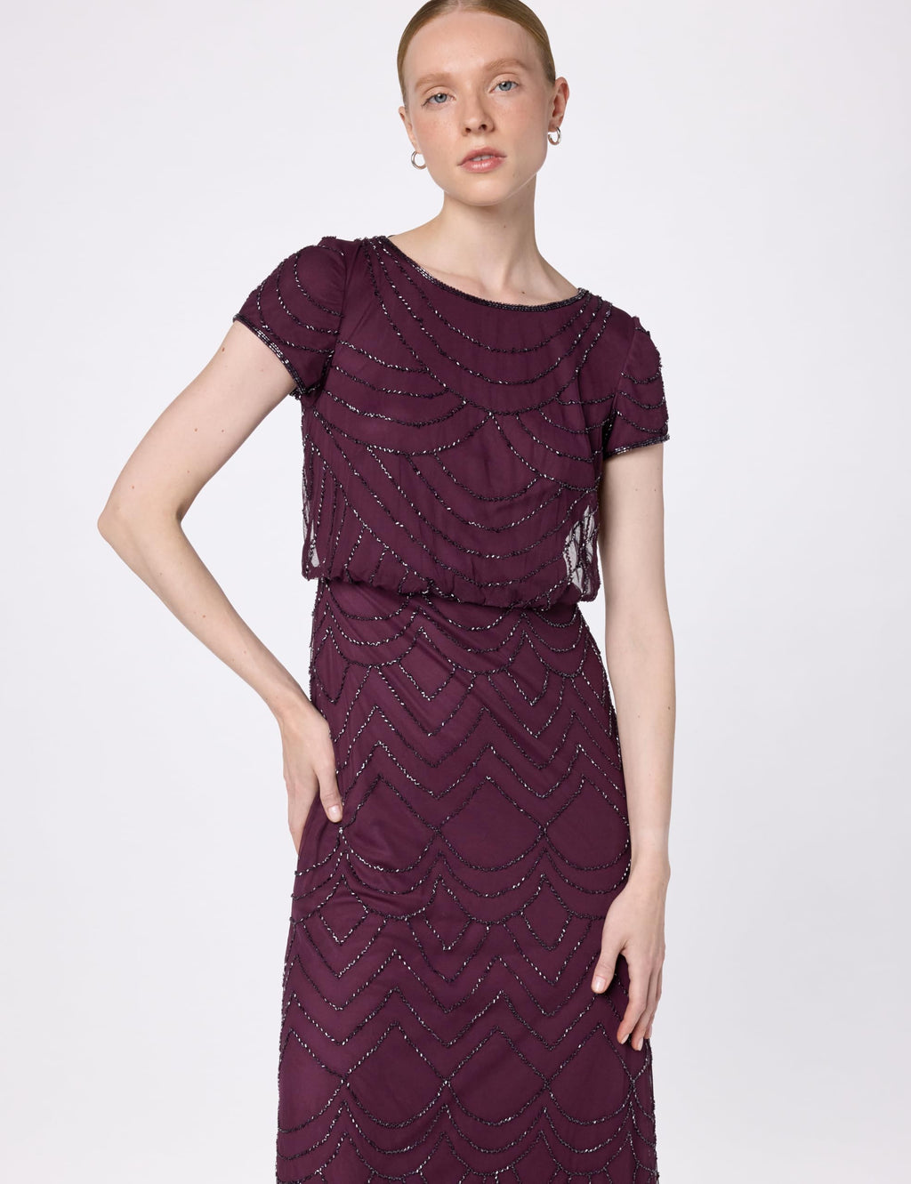 Adrianna Papell Women's Short Sleeve Blouson Beaded Gown Cassis 2