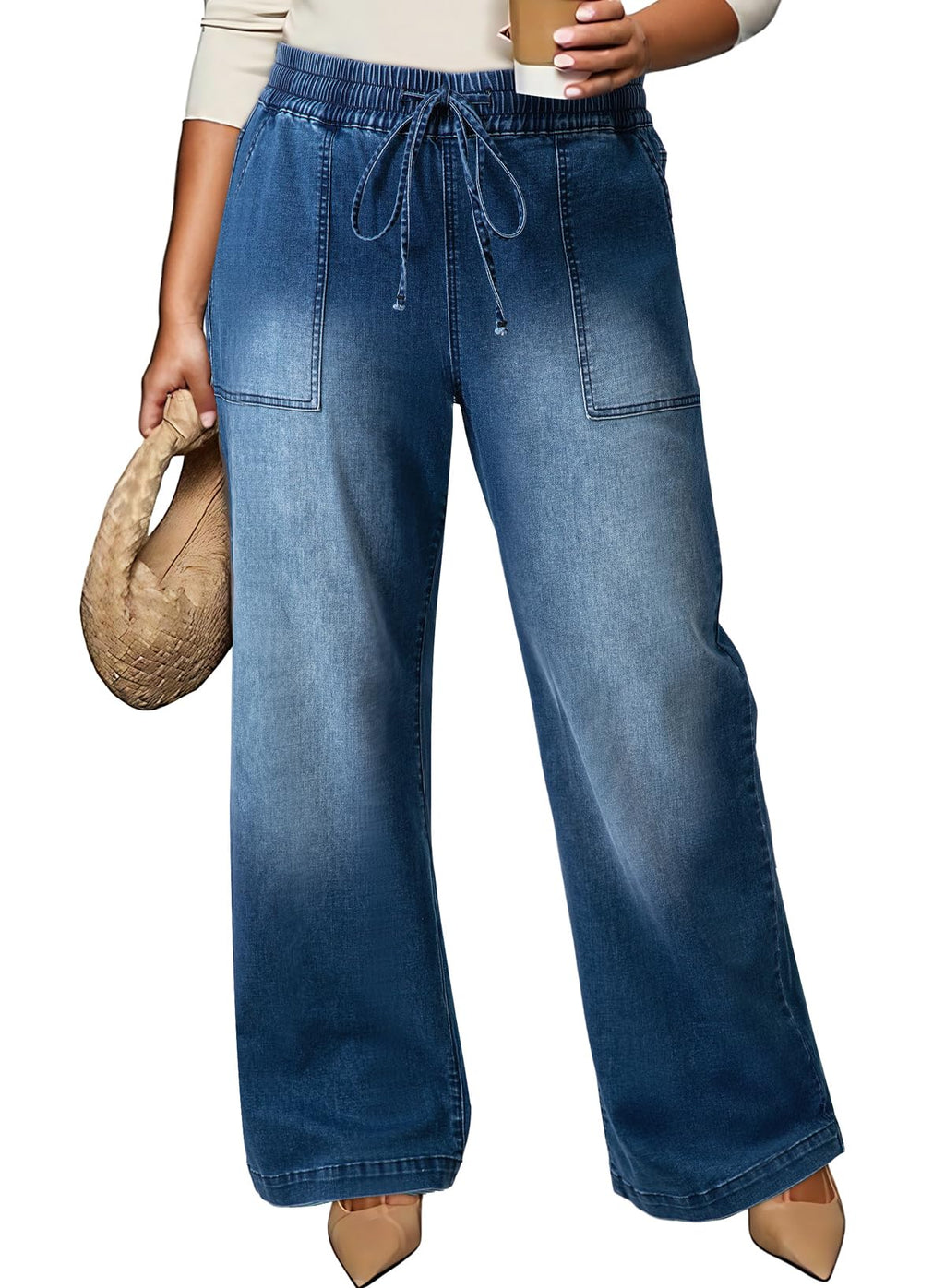 Eytino Plus Size Jeans,High Waisted Straight Leg Stretchy Trendy Loose Drawstring Wide Leg Denim Pants for Curvy Women,3X Dirty Blue