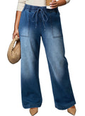 Eytino Plus Size Jeans,High Waisted Straight Leg Stretchy Trendy Loose Drawstring Wide Leg Denim Pants for Curvy Women,3X Dirty Blue