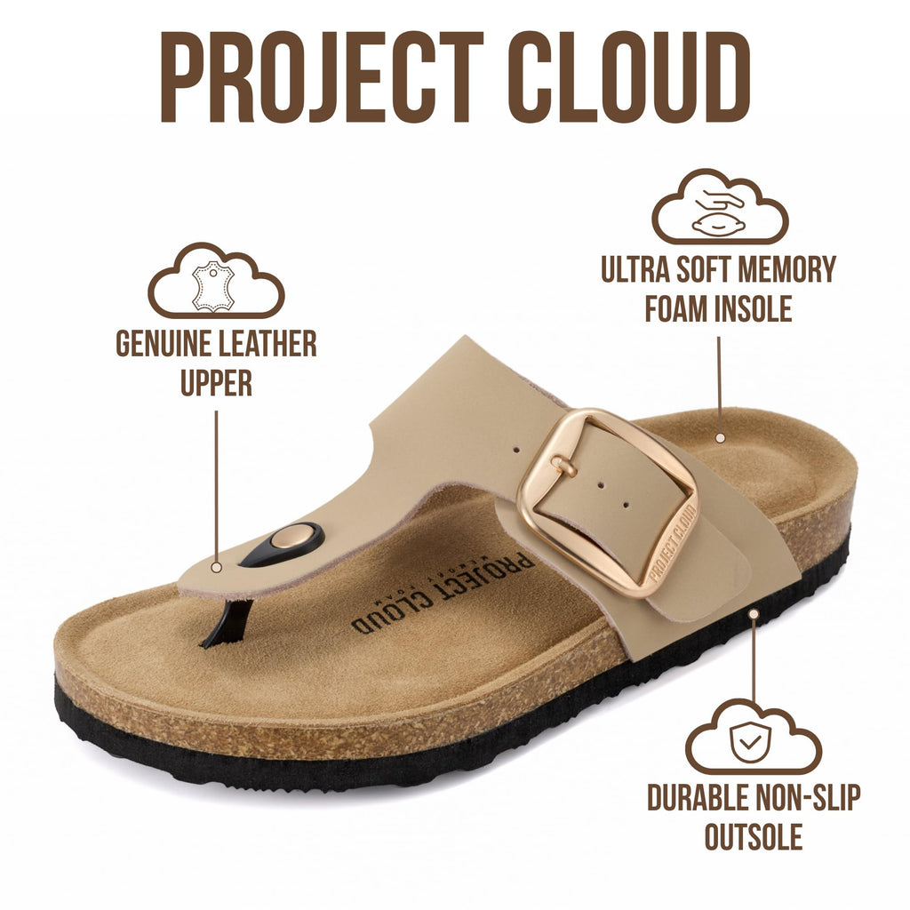 Project Cloud Genuine Leather Thong Sandals Women Water-Resistant Beach Essentials Womens Sandals - Flip Flops for Women Footwear Memory Foam Insole Womens Slides (MALAGA,BEIGLEA,7)
