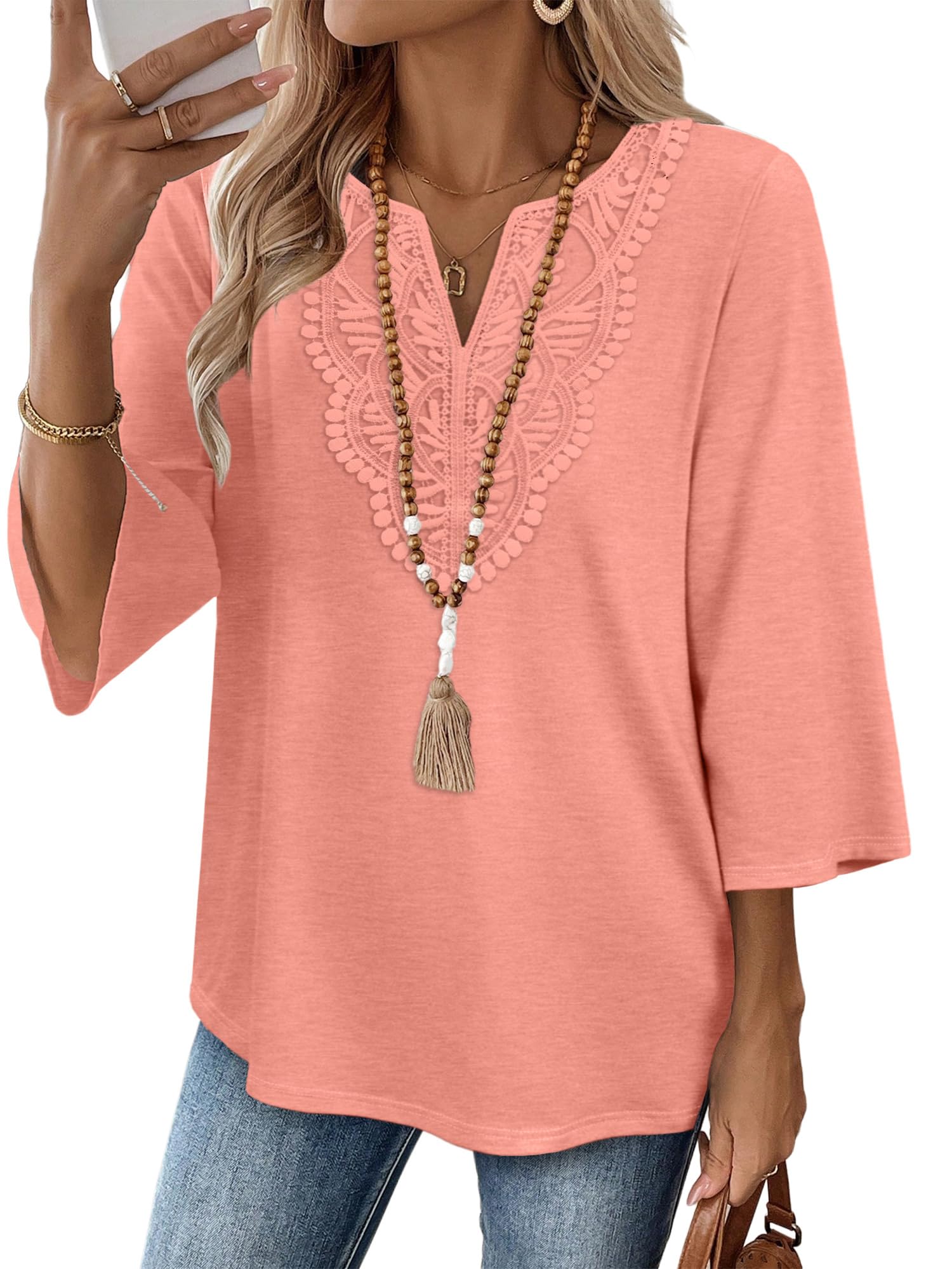 WIHOLL Womens Tops Dressy Casual 3/4 Sleeve T Shirts for Women Tops for Women Trendy Blouses Beach Vacation Clothes Resort Wear Spring Summer Outfits Plus Size Valentine Coral XL
