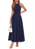 PRETTYGARDEN Summer Halter Dresses for Women 2026 Vacation Outfits Sleeveless Polka Dot Sundress Wedding Guest Maxi Dress(Dot Dark Blue White,Medium)