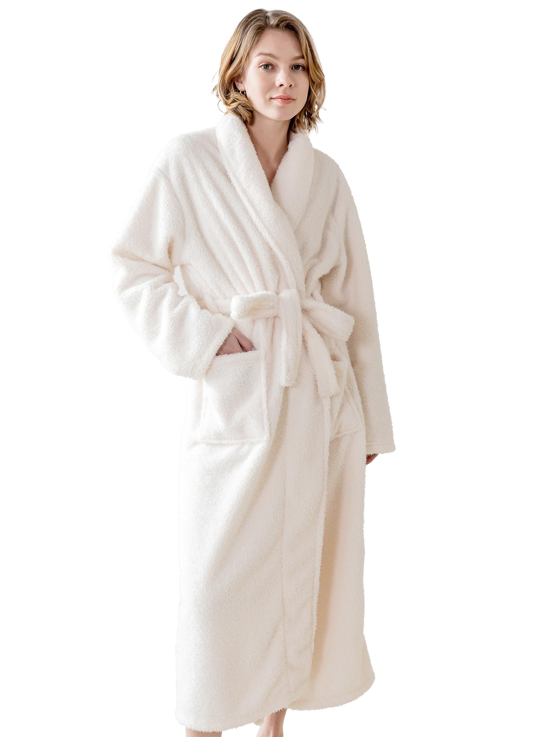 KORBLISS Robes for Women – Premium Plush Fleece Long Bathrobe for Women with Shawl Collar, Soft Warm Womens Robe with Pockets and Belt, White, Large