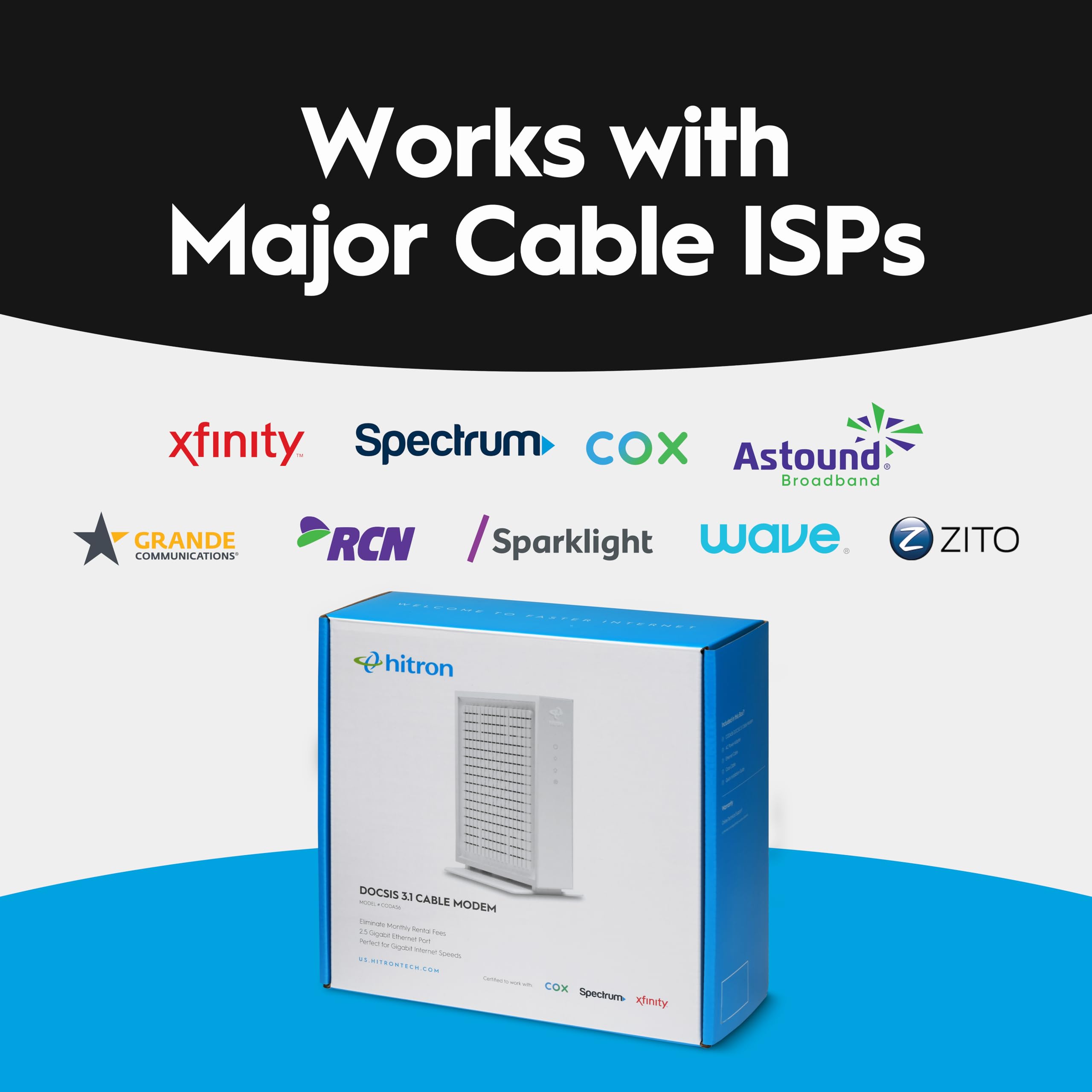 Hitron CODA56 Multi-Gigabit DOCSIS 3.1 Modem | 2.5 Gbps Max Internet Speeds | Certified with Xfinity, Charter Spectrum, Cox | 2.5 Gbps Ethernet Cable Modem ONLY | Requires Separate WiFi Router