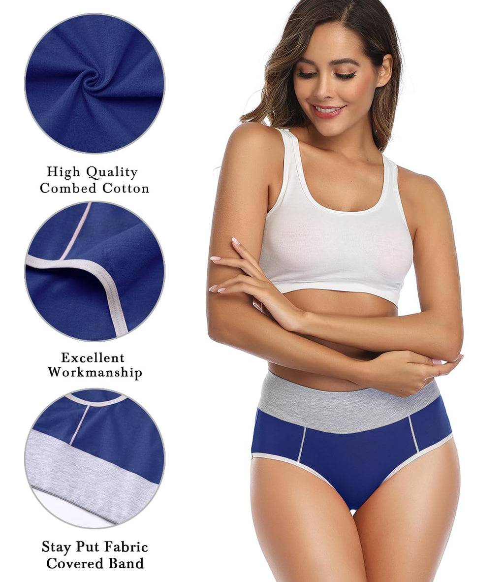 wirarpa Women's Cotton Underwear High Waist Stretch Briefs Soft Underpants Ladies Full Coverage Panties 5 Pack Black Purple White Navy Red Large