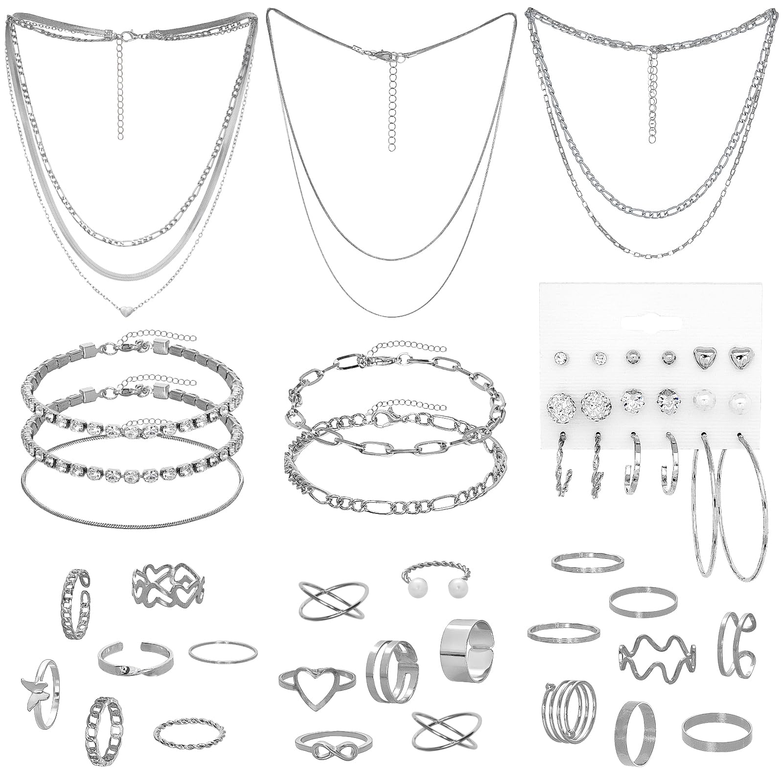 Silver Jewelry Set for Women Layered Bracelets Ball Dangle Hoop Earrings Stackable Knuckle Rings Set Dainty Adjustable Necklaces Valentine Anniversary Trendy Party Costume Accessories Jewelry (Fashionable)