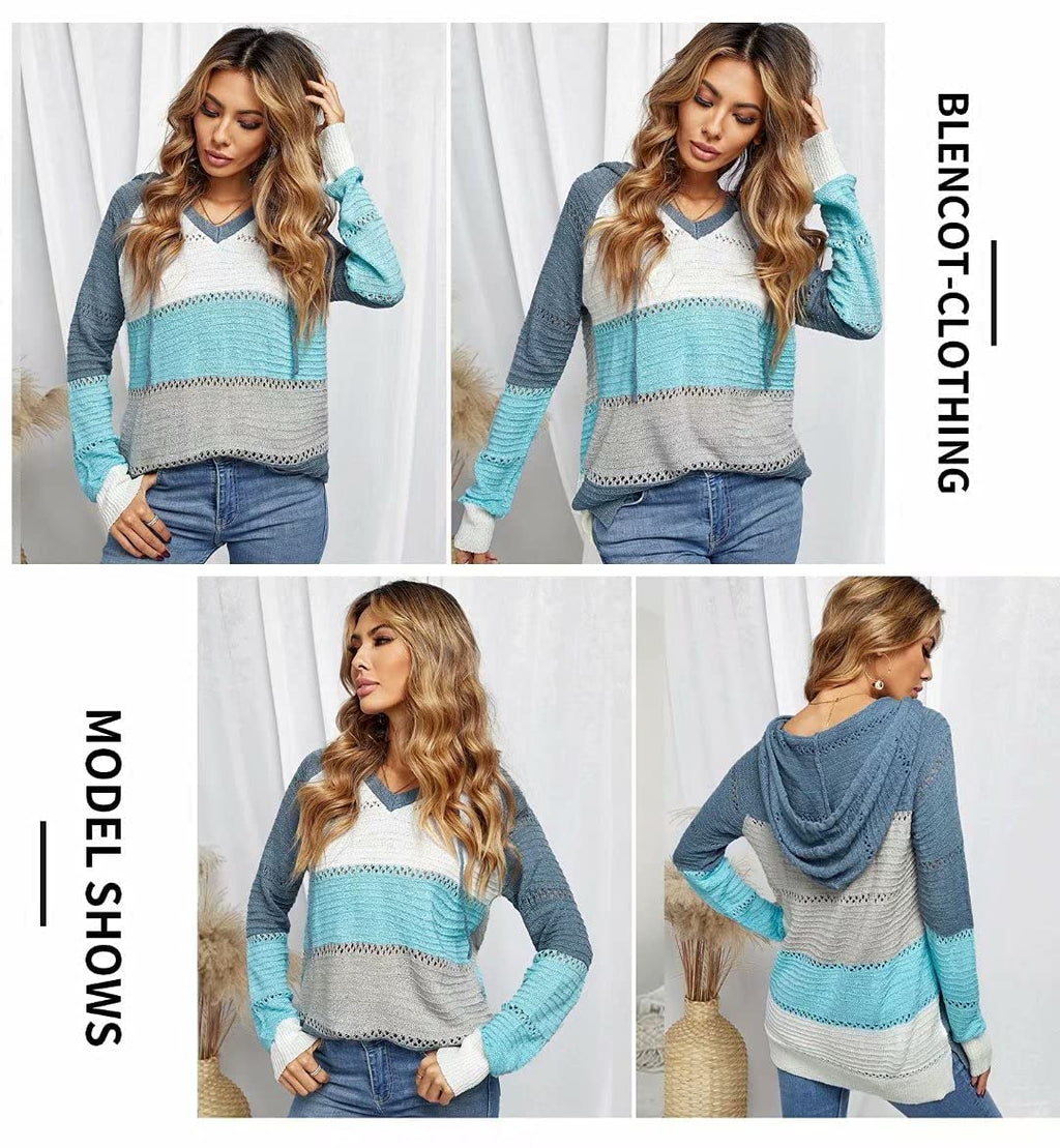 BLENCOT Women's Casual Color Block Hoodies Sweater Long Sleeve Drawstring Pullover Sweatshirts Fashion Knitted Tops Blue L