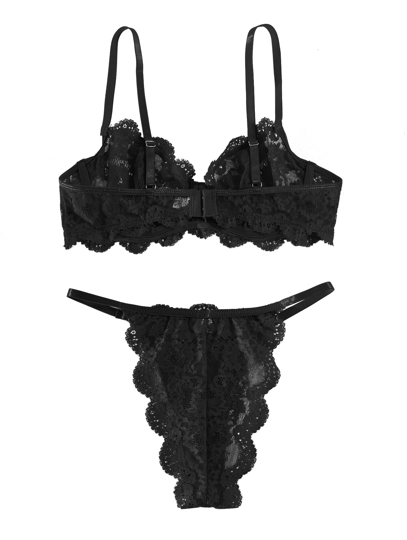 Lilosy Petite Scallop Sexy Underwire Push Up Floral Lace Sheer Lingerie Set for Women See Through Bra and Panty 2 Piece Black 3X-Small