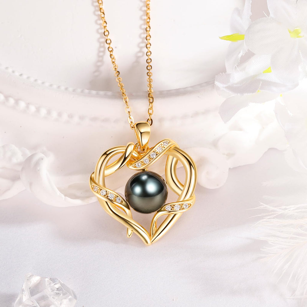 NONNYL Jewelry for Women Wedding Birthday Anniversary Christmas Gifts for Women- Tahitian Black Pearl- Heart Necklace- Wife Mom Girlfriend Her Anniversary Birthday- Mothers Day Valentine Jewelry Gifts