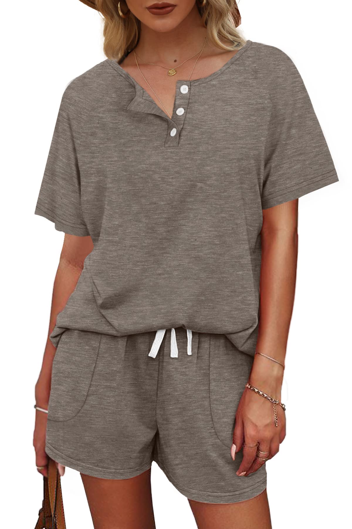 WIHOLL Womens Loungewear Set 2 Piece Outfits Tshirts Shorts for Summer Khaki L