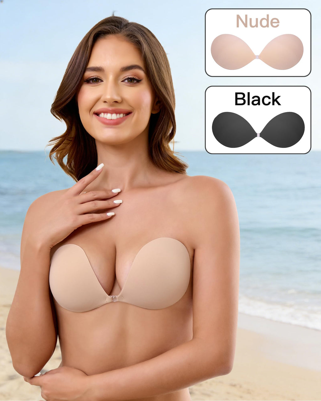 MITALOO Seamless Adhesive Bra Sticky Strapless Invisible Push up Bras Silicone Backless Nipple Cover for Women Beige Black