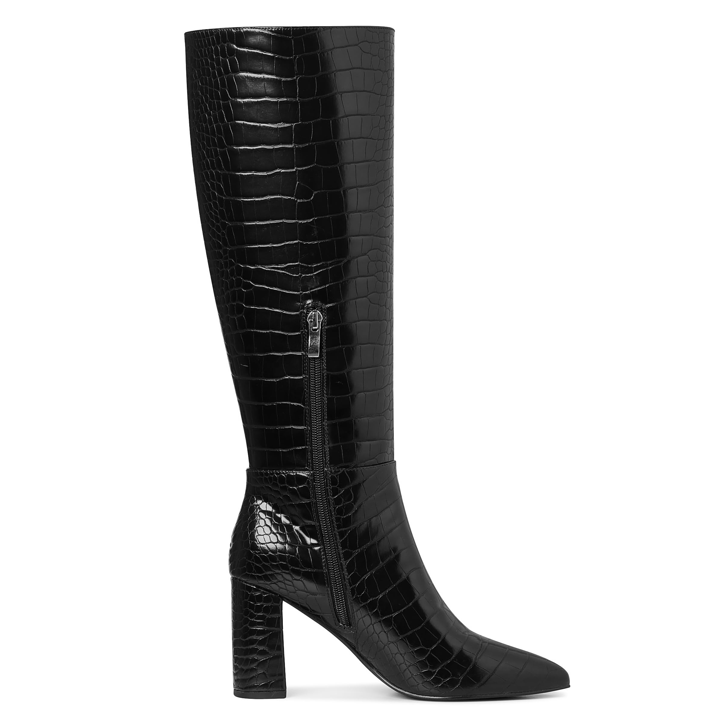 AOSPHIRAYLIAN Knee High Boots - Women's Tall Calf Boots with Snake Faux Crocodile Dress Style, Side Zipper - Black, Size 6