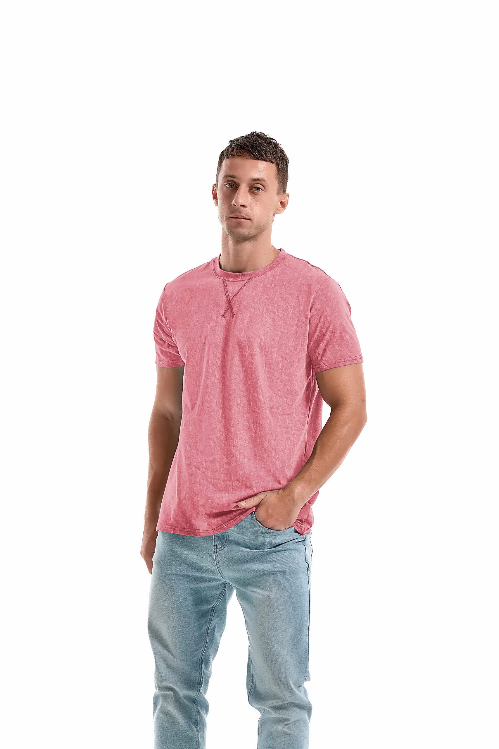 KLIEGOU Men's T-Shirts - Elasticity Cotton Crew Neck Tees 2166 Pink XL