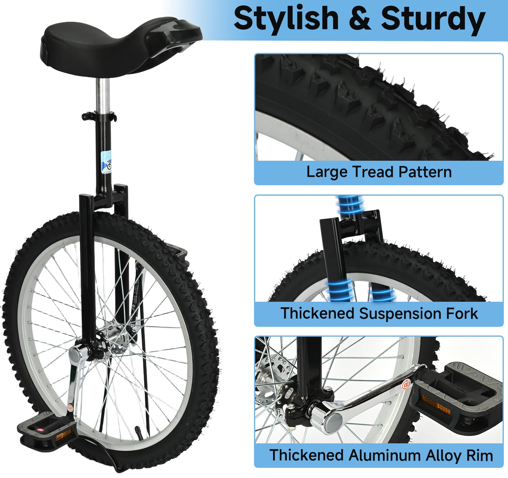 MYOYAY 20 Inch Unicycle,Unicycle for Adults,Mountain Unicycle Height Adjustable,Unicycle with Stand, Anti-Skid Pedal, Indoor Outdoor Sports Fitness Balance Training Fun Exercise Bicycle(Black)