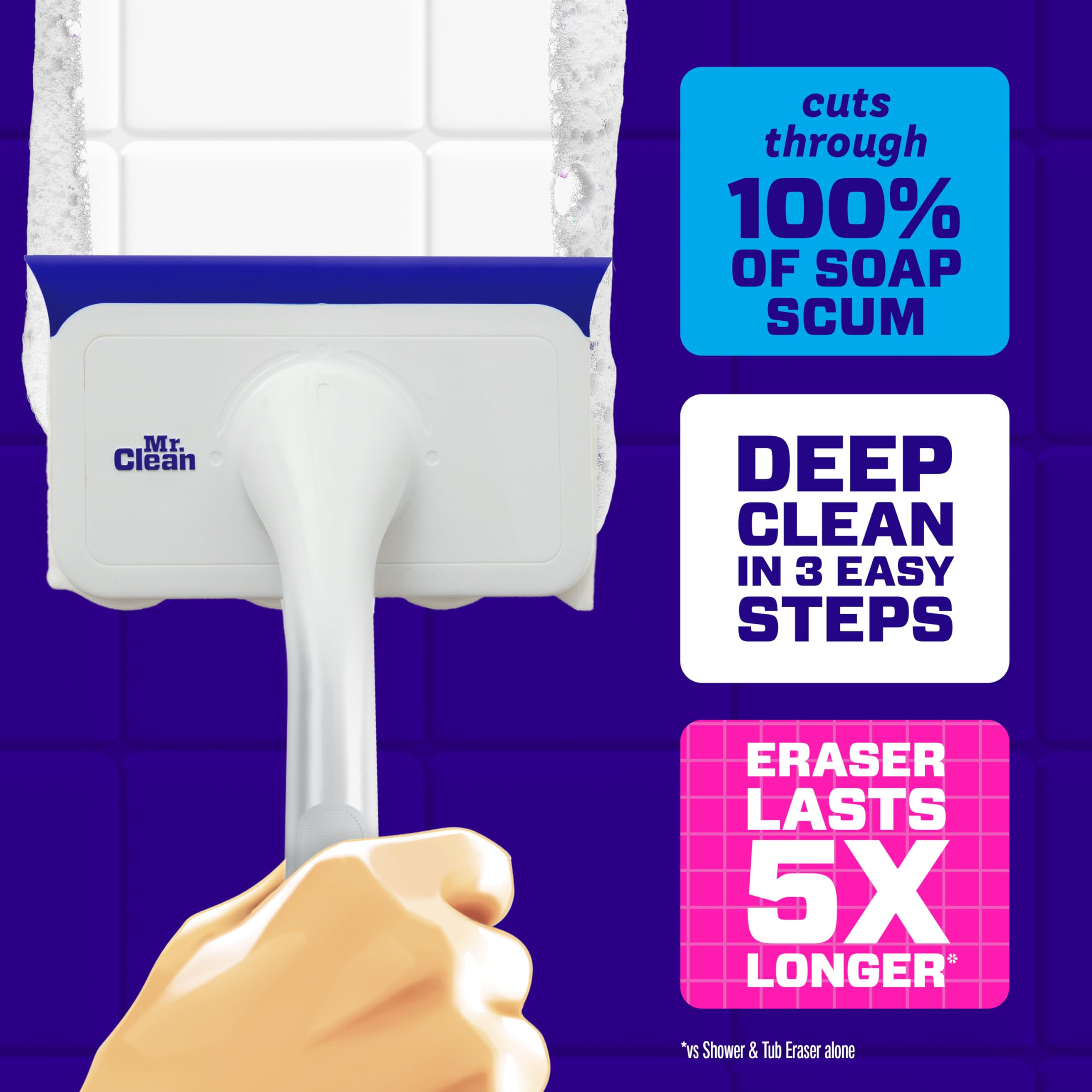 Mr. Clean Magic Eraser Shower & Tub Scrubber, Bathroom Cleaner, All in One Bathroom Cleaner, Lemon Starter Kit, 1 Scrubber & 2 Foaming Magic Erasers