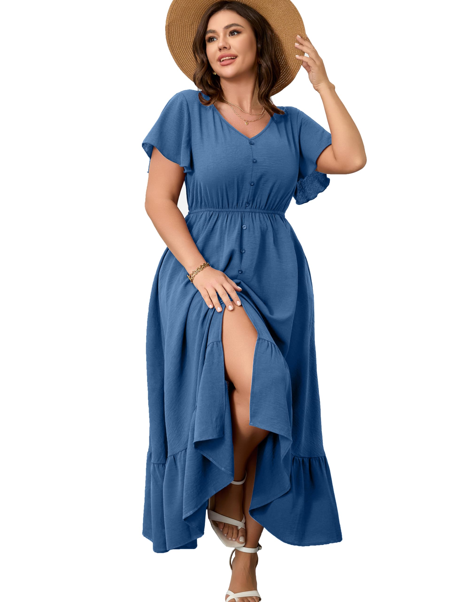 RWJ Women Plus Size Maxi Dress V Neck Short Sleeve Button Trim Split Flowy Tiered Casual Long Dresses 2026 Dusty Blue X-Large