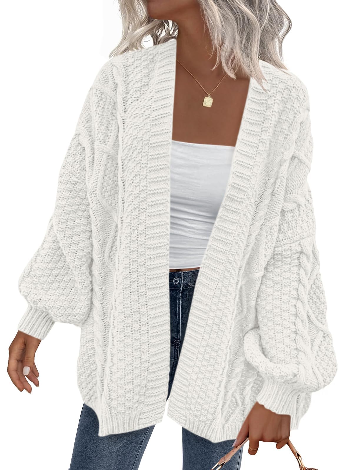 PRETTYGARDEN Women's Cable Knit Open Front Spring Sweater Lantern Long Sleeve Chunky Cardigan Sweaters Trendy Outerwear Coats (White, Medium)