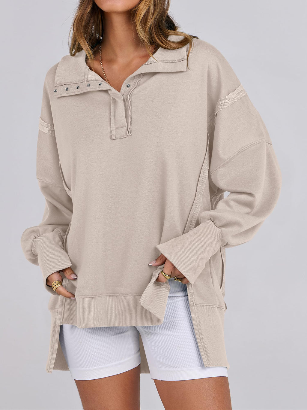 ANRABESS Women's Sweatshirts Oversized Casual Loose Button Up Henley Pullover Top High Low Split 2025 Fall Fashion Outfits Apricot Medium