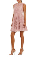 Mac Duggal Sleeveless Mesh Micro Ruffle High Neck Mini Dress Rose