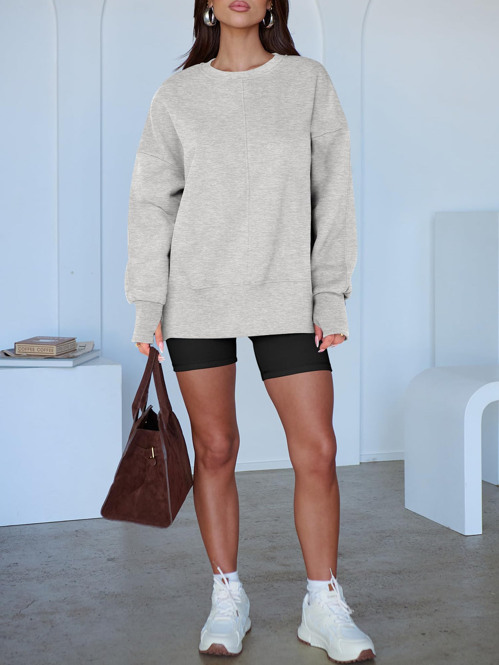 ANRABESS Women Oversized Sweatshirts Thumbhole Long Sleeve Hoodies Shirts 2025 Fall Side Slit Pullover Top Teen Y2k Outfits Grey X-Large