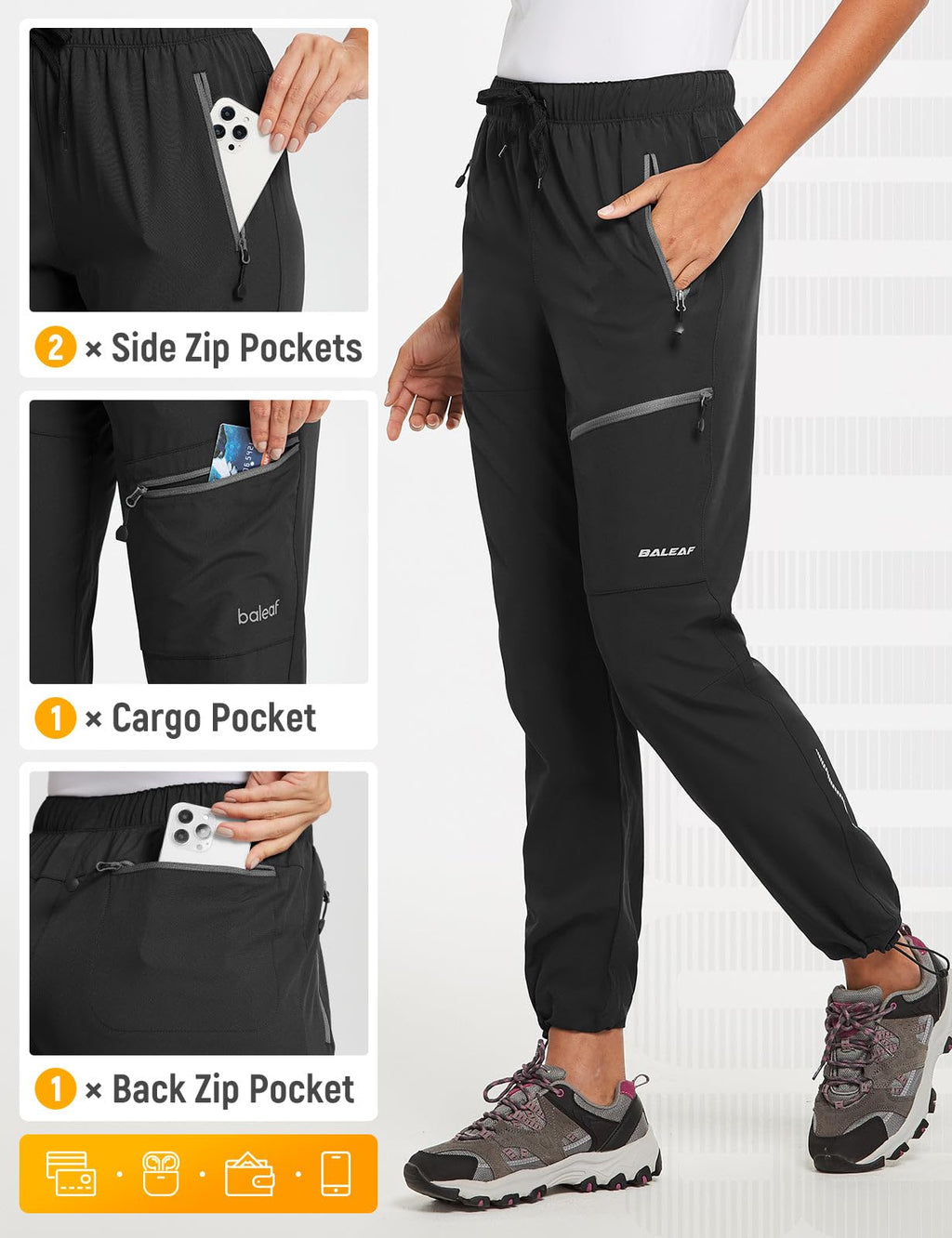 baleaf Women's Hiking Pants Quick Dry Lightweight Water Resistant Stretch Cargo Pants with Zipper Pockets Travel Camping 29''-Black L