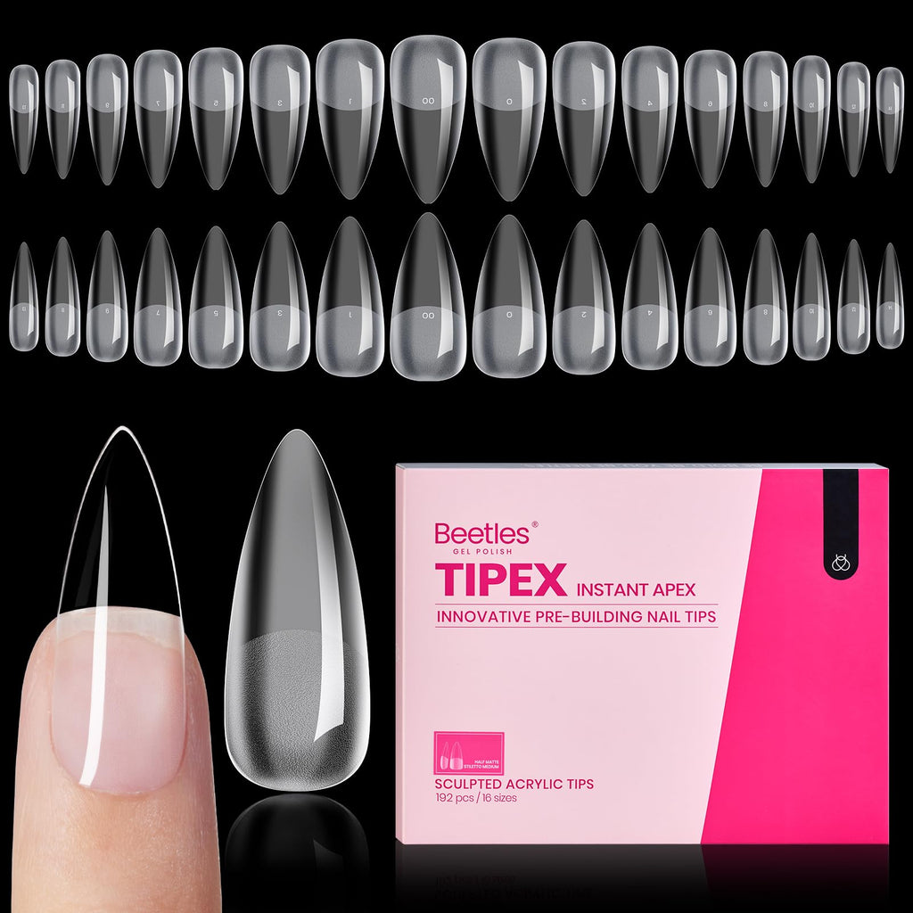 Beetles Tipex Instant Apex Nail Tips, Stiletto Medium, 192pcs 16 Sizes, Pre-Building Pre-Etched Strong Thicker Strong Acrylic Tips
