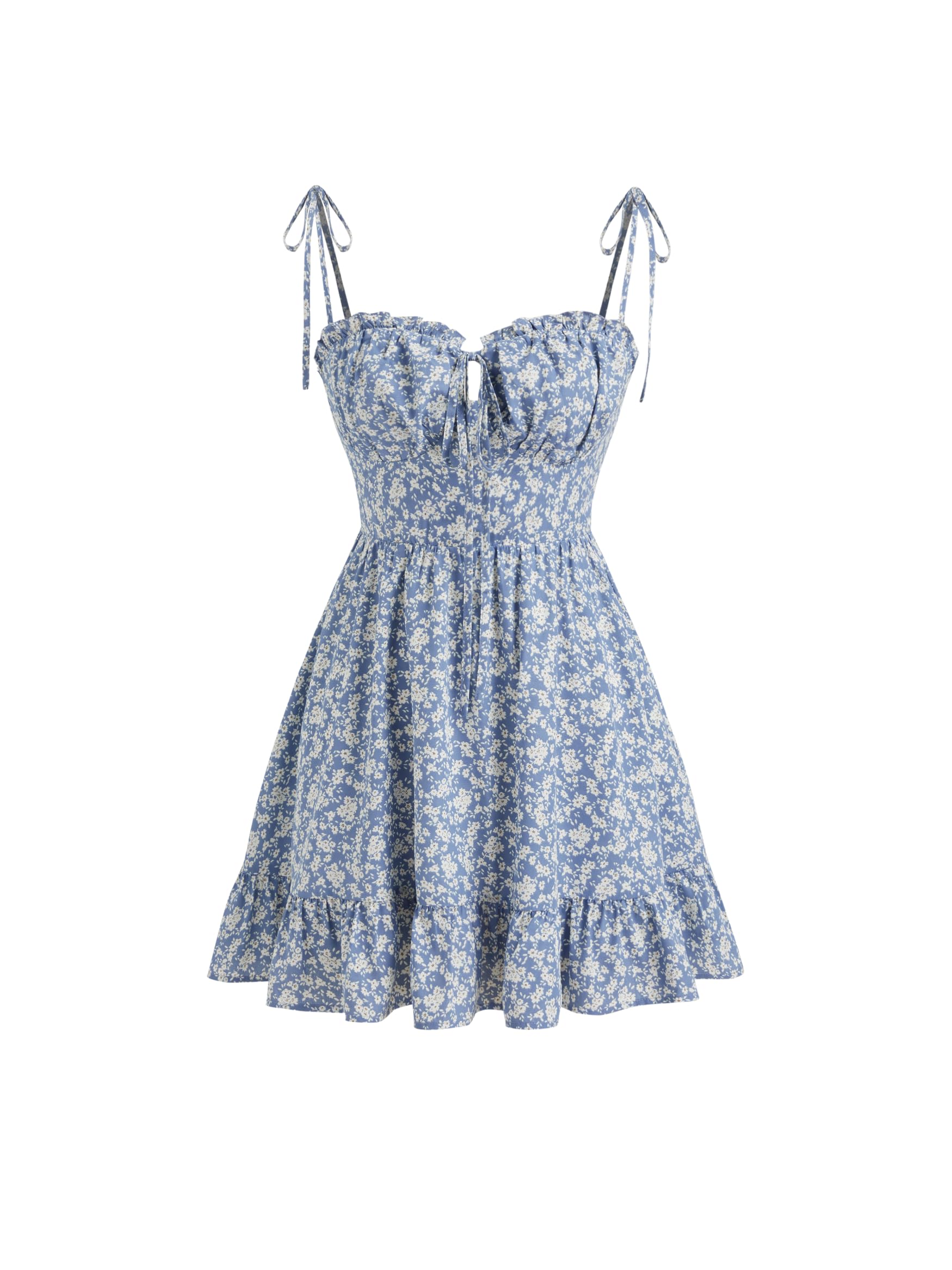 CIDER Santorini Beach Vacation Ditsy Floral Tie Shoulder Mini Dress: Blue, M