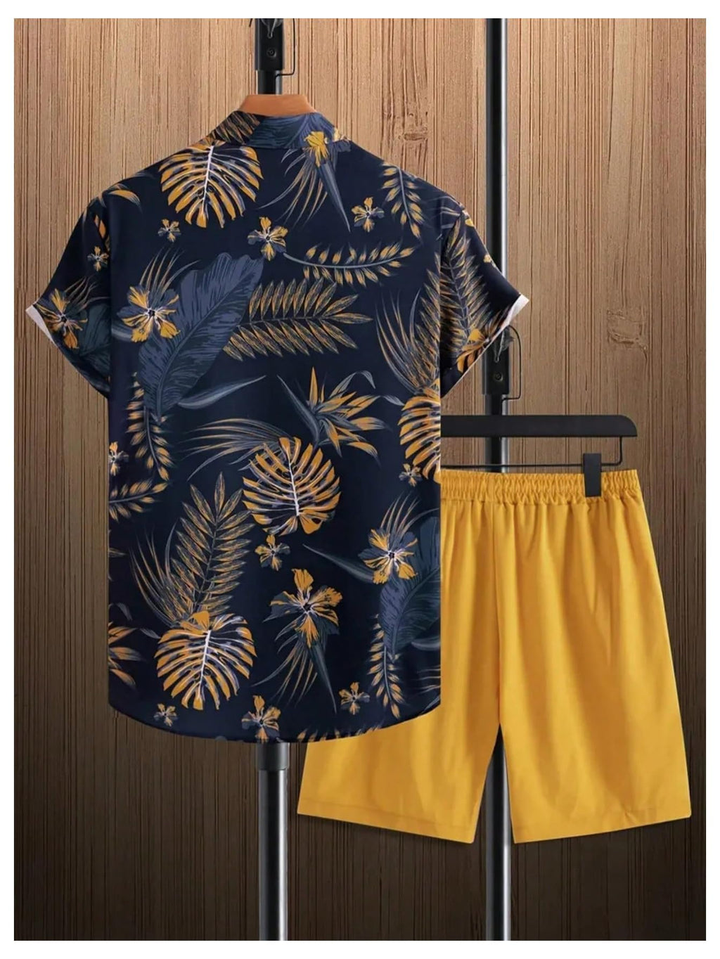 GORGLITTER Men's Vacation Beach Cruise Summer Outfits 2 Piece Shorts Set Hawaiian Button Down Shirt and Shorts Blue and Yellow X-Large