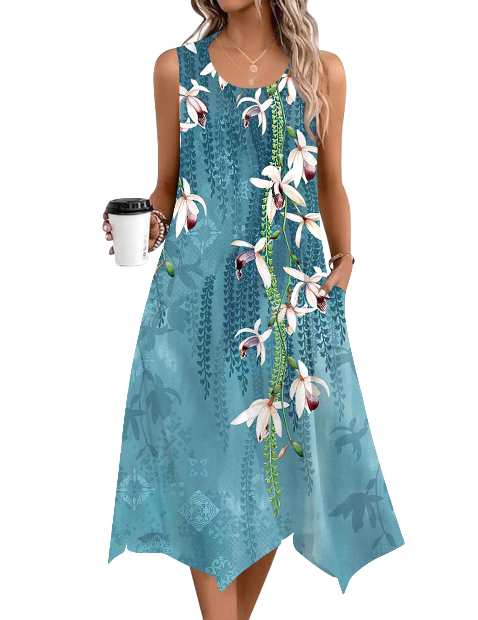 Zeagoo Dresses for Women 2026 Flroal Tshirt Sundress Wedding Guest Dress Party Dress Aline Flowy Dress Sleeveless Loose Summer Shift Dress