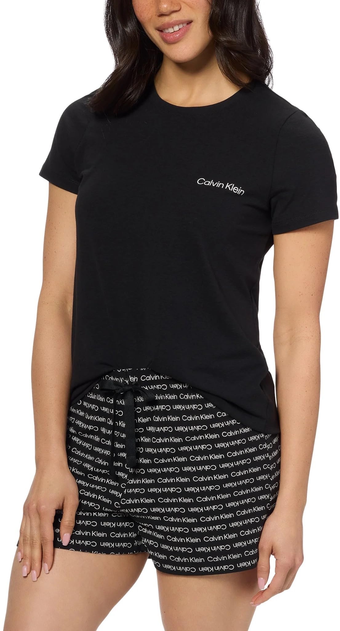 Calvin Klein Women's Refresh Short Sleeve T-Shirt & Shorts 2-Piece Pajama Set (US, Alpha, Small, Regular, Regular, Black)